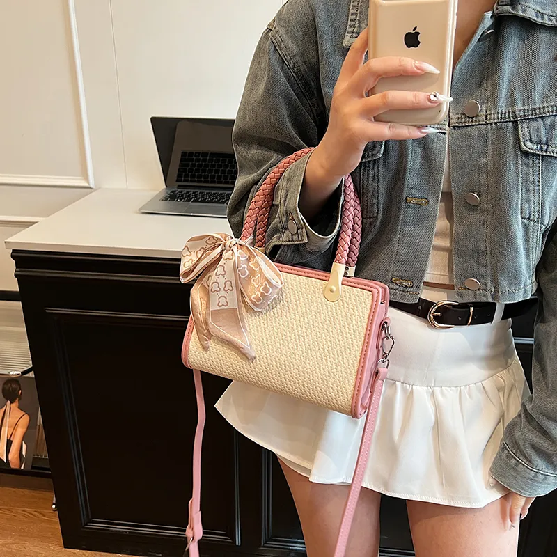 GOX PU With Straw Woven Shoulder Bag Women's Black/Pink/Khaki-8
