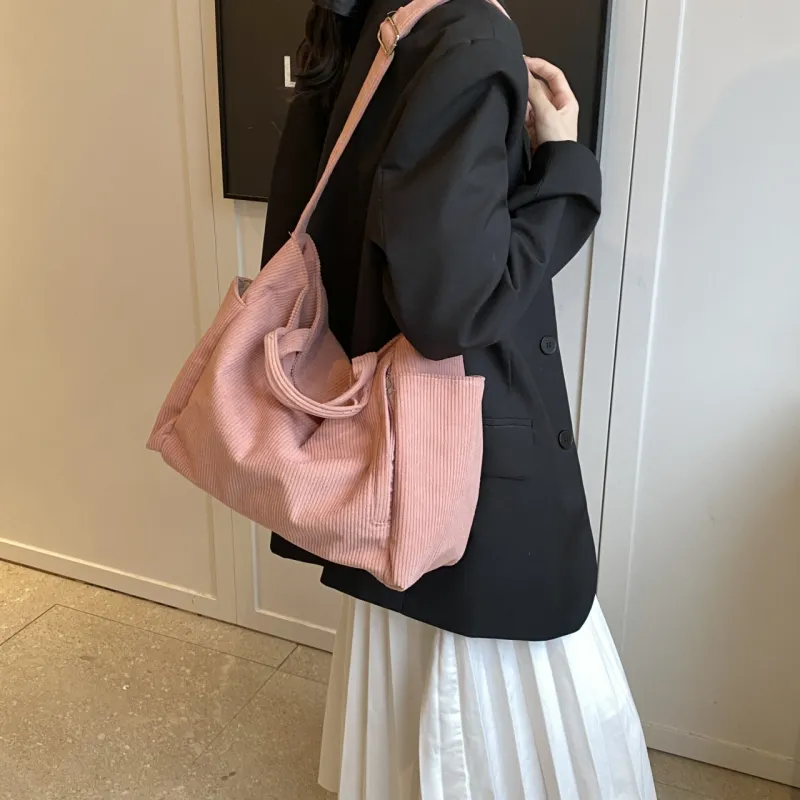 GOX Corduroy Tote Bag, Shopping Bag, Handbag, Shoulder Bag Women's White/Black/Jasper/Pink/Green-21