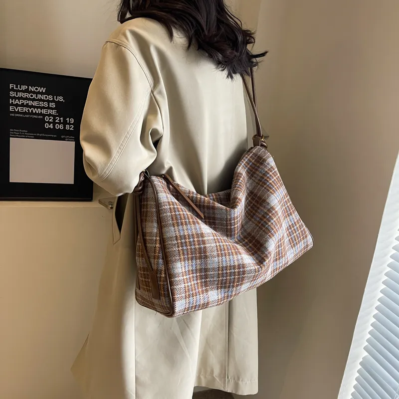 GOX Woolen Shoulder Bag, Crossbody Bag Women's Blue Plaid/Gray Plaid/Brown Plaid-7