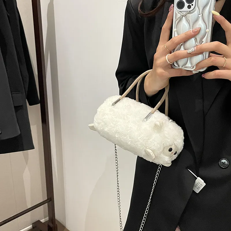 GOX Plush Shoulder Bag, Crossbody Bag, Handbag Regular Women's White/Black/Umber-2