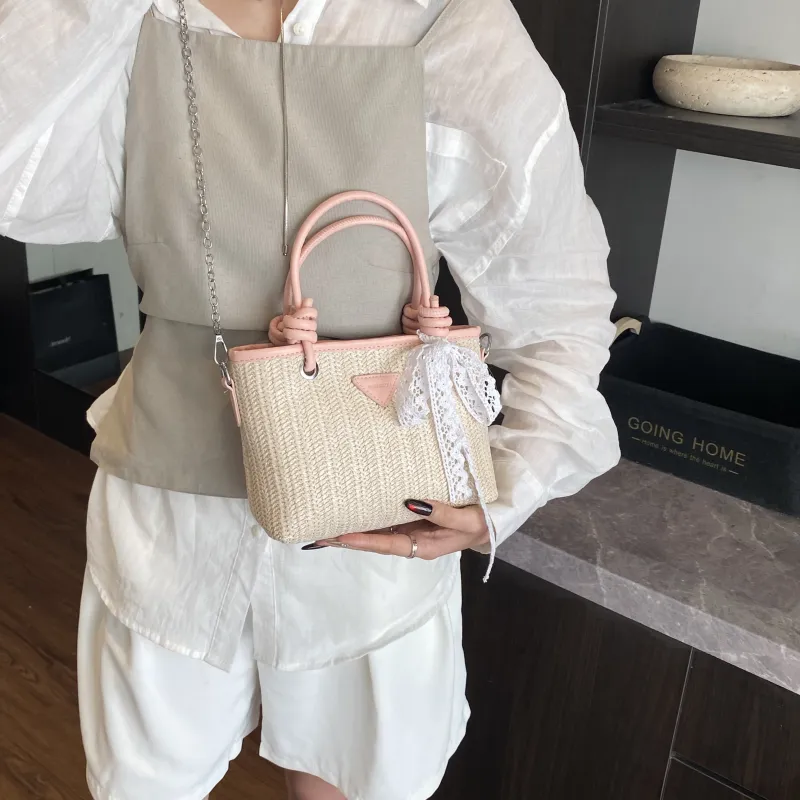 GOX PU With Straw Woven Crossbody Handbag Women's Ecru/Pink/Khaki-9