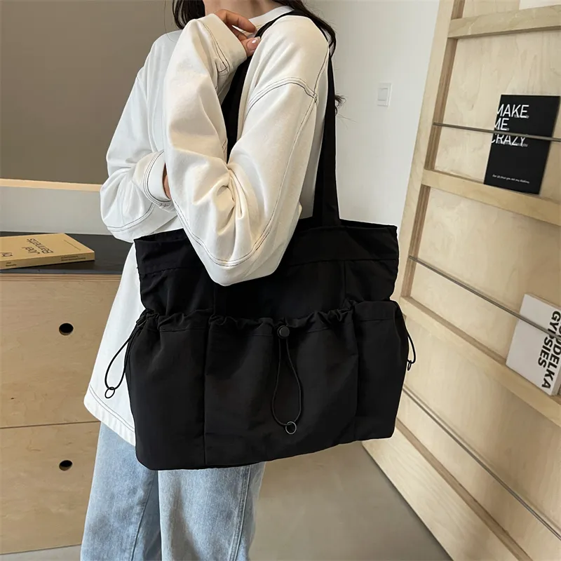 GOX Nylon Tote Bag, Shoulder Bag Regular Unisex Ecru/Black/Khaki/Green/Brown-8