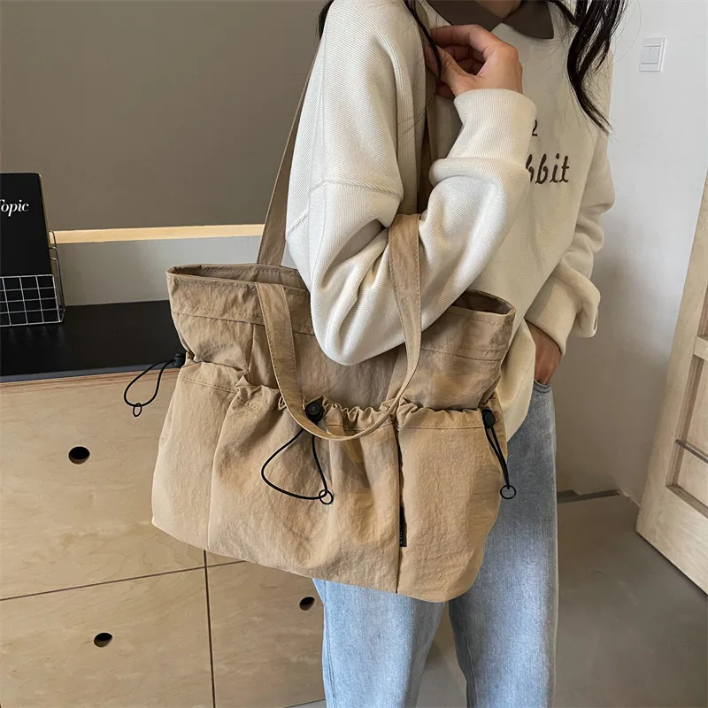 GOX Nylon Tote Bag, Shoulder Bag Regular Unisex Ecru/Black/Khaki/Green/Brown-11