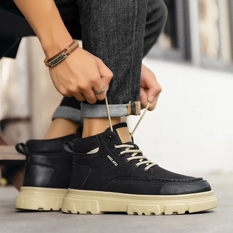 GERTOP Martin Boots Men Black, Yellow-5