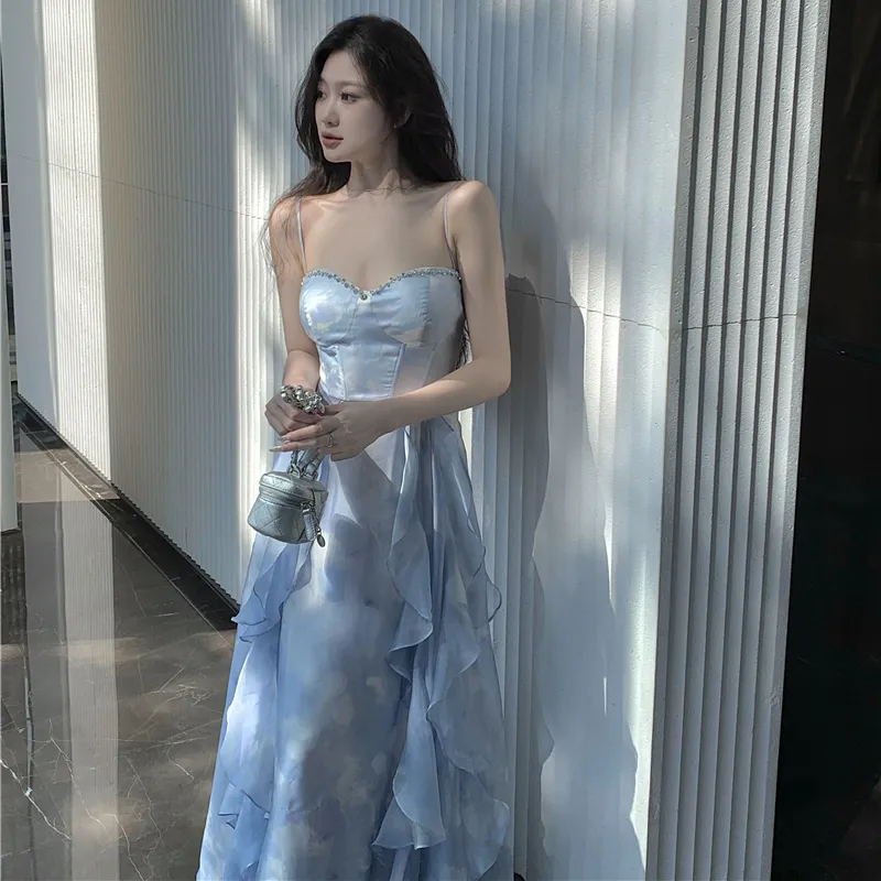 Vine Color Slip Dresses Women's Blue-3