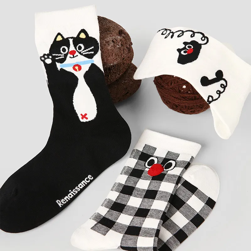 Vine Color Mid-Calf Socks Unisex 3 Pack Red-Nosed Cat-4