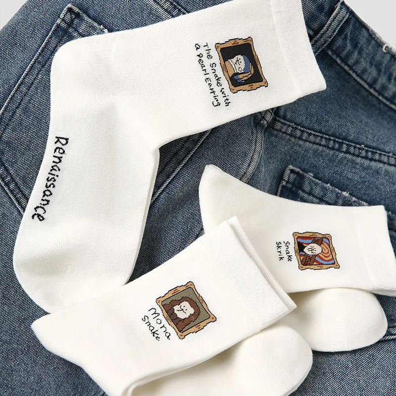 Vine Color Mid-Calf Socks Unisex 3 Pack Famous Painting Of A Small Snake-4