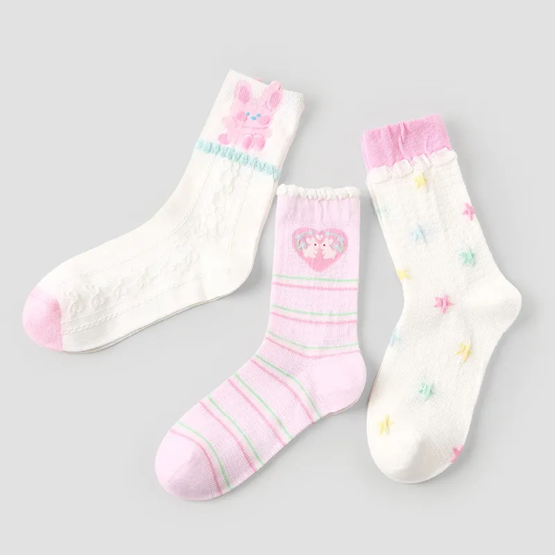 Vine Color Mid Calf Socks Women's 3 Pack Stars Bunny Candy-4