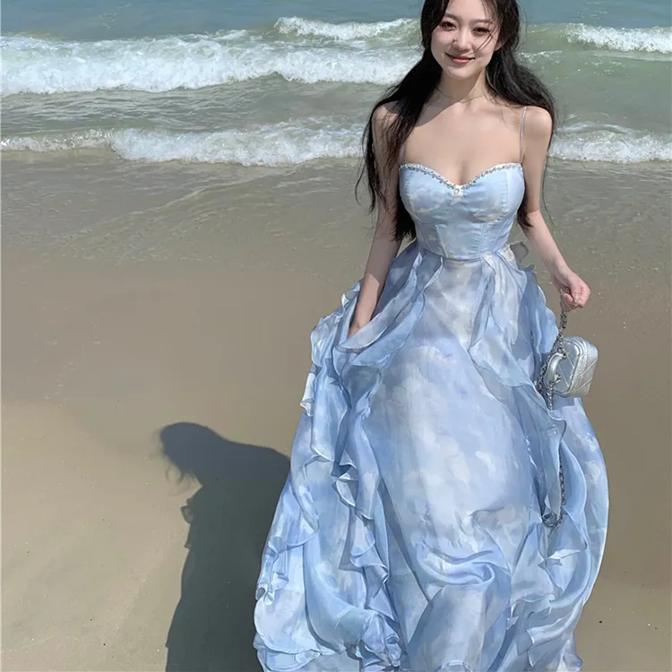 Vine Color Slip Dresses Women's Blue-4