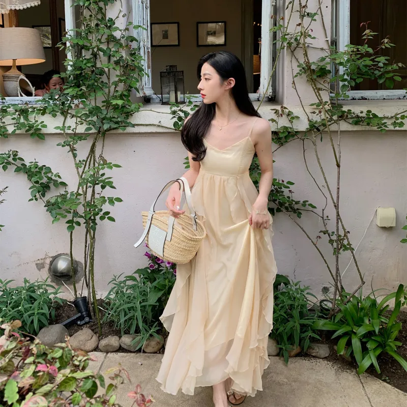 Vine Color Slip Dresses Women's Beige Yellow-2