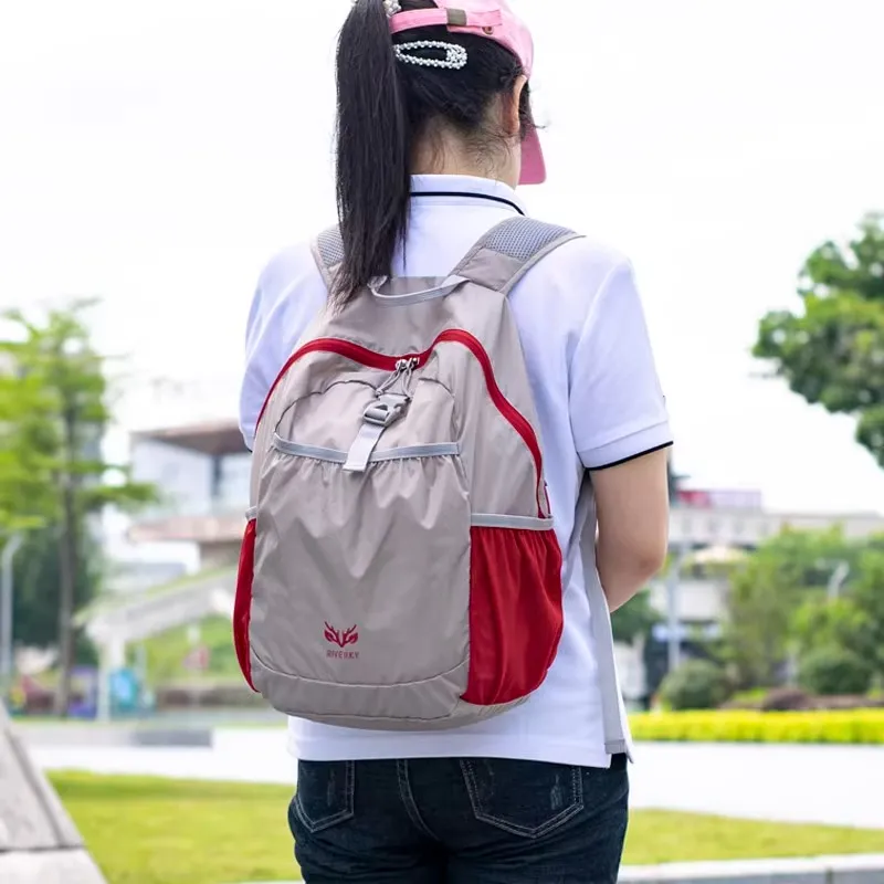 Jiang Qi Polyamide Lightweight Foldable Storage Bag 25 Unisex Light Gray Red-2