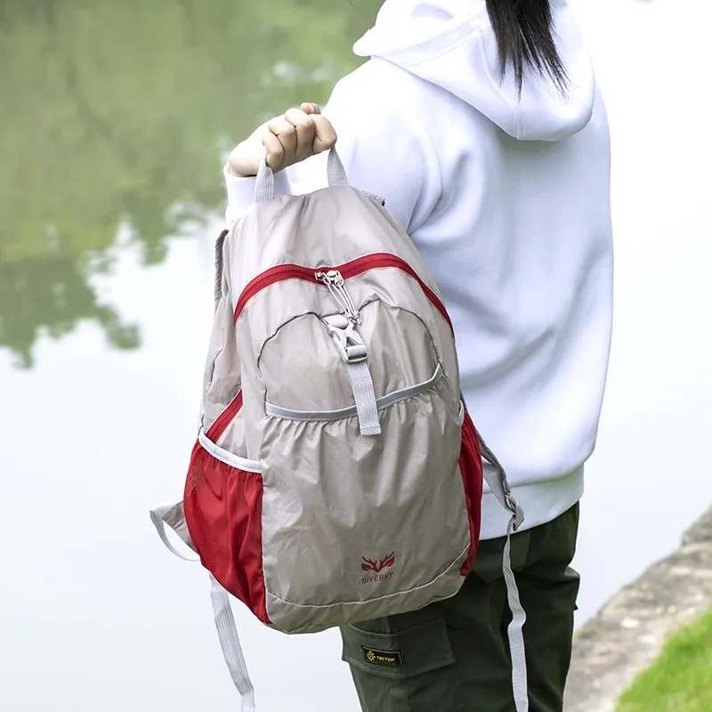 Jiang Qi Polyamide Lightweight Foldable Storage Bag 25 Unisex Light Gray Red-4