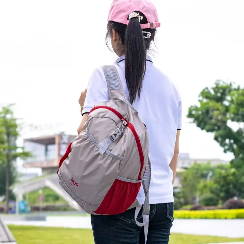 Jiang Qi Polyamide Lightweight Foldable Storage Bag 25 Unisex Light Gray Red-3