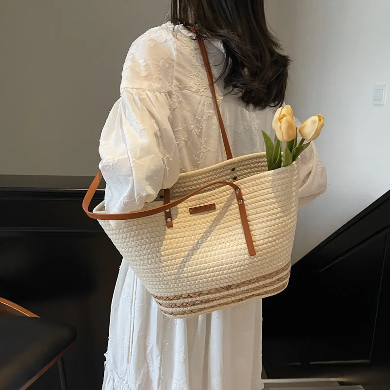 HCXK Straw Woven Tote Bag, Shopping Bag, Shoulder Bag Women's Ecru/Khaki-3