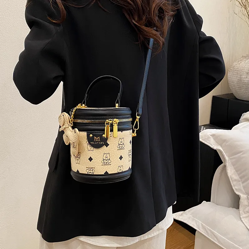 HCXK PU Bucket Bag, One Shoulder Handbag Women's Black/Pink/Yellow Brown/White & Black-20