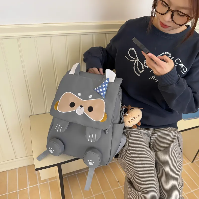 HCXK Nylon Cute Raccoon Backpack Unisex Black/Gray/Khaki-15