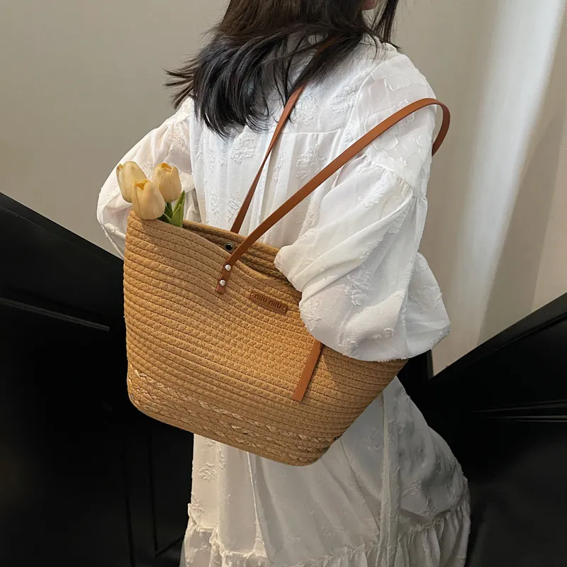 HCXK Straw Woven Tote Bag, Shopping Bag, Shoulder Bag Women's Ecru/Khaki-12