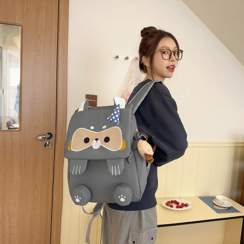 HCXK Nylon Cute Raccoon Backpack Unisex Black/Gray/Khaki-13