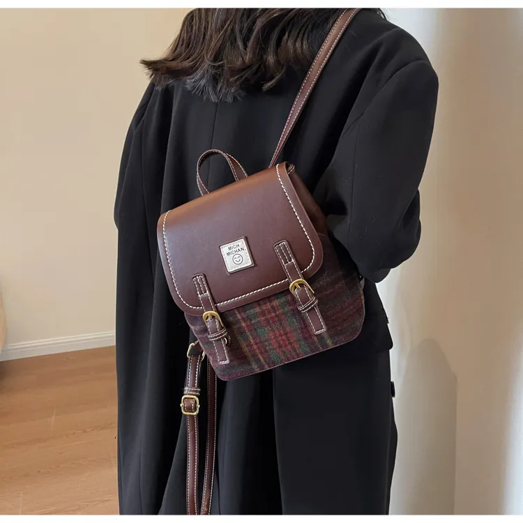 HCXK Woolen Backpack Regular Women's Red Plaid/Brown Plaid/Green Plaid-4