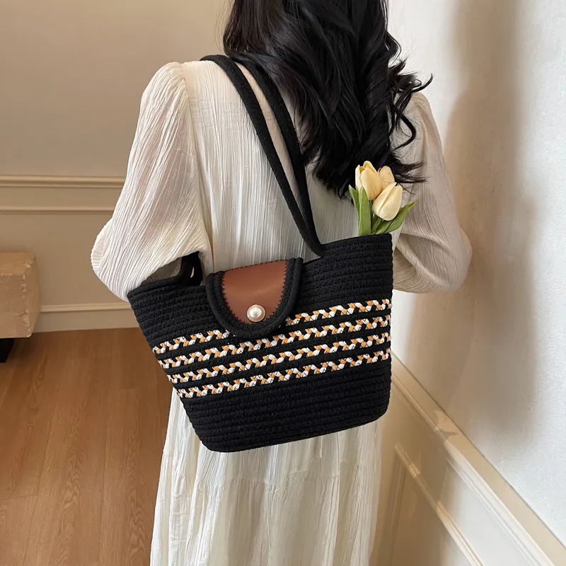 HCXK Braided Shoulder Bag Regular Women's Khaki/Black/White-8