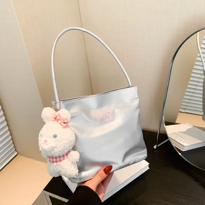HCXK PU Versatile Shoulder Bag With Butterfly Embroidery Bucket Bag Shoulder Bag Regular Women's Silver-5