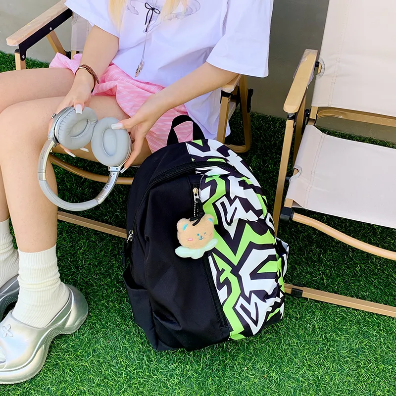 HCXK Nylon Fabric Backpack Regular Unisex Black White/Black Green-4