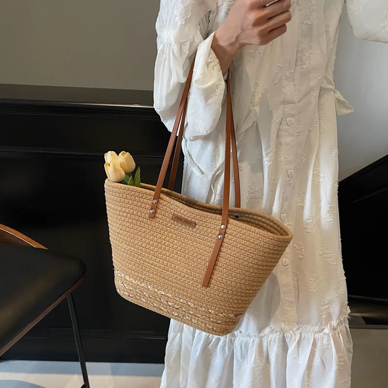 HCXK Straw Woven Tote Bag, Shopping Bag, Shoulder Bag Women's Ecru/Khaki-13