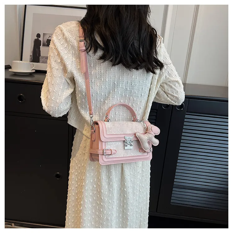 HCXK PU Elegant Chain Versatile Small Square Bag Crossbody Bag Shoulder Bag Regular Women's Pink/Gray-8