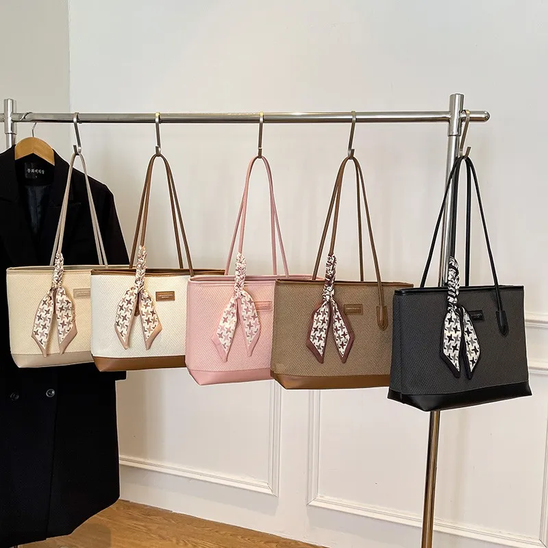 HCXK PU Color Block Shoulder Bag Schooling Tote Handbag Regular Women's Ecru/Black/Apricot/Pink/Brown-9
