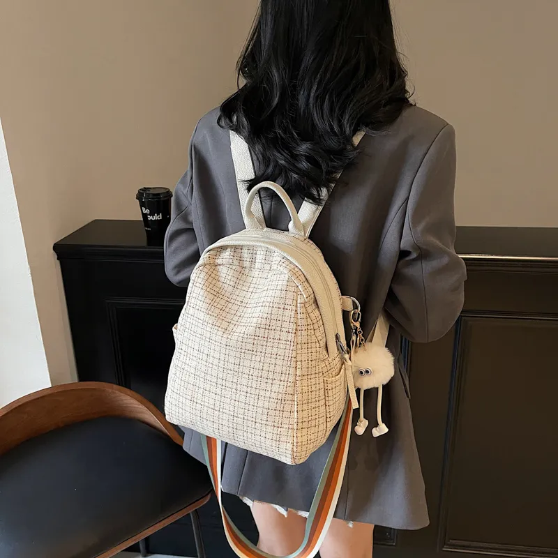 HCXK Fabric Students' Backpack For School, Cute Commute Small Backpack Regular Women's Ecru/Black-2