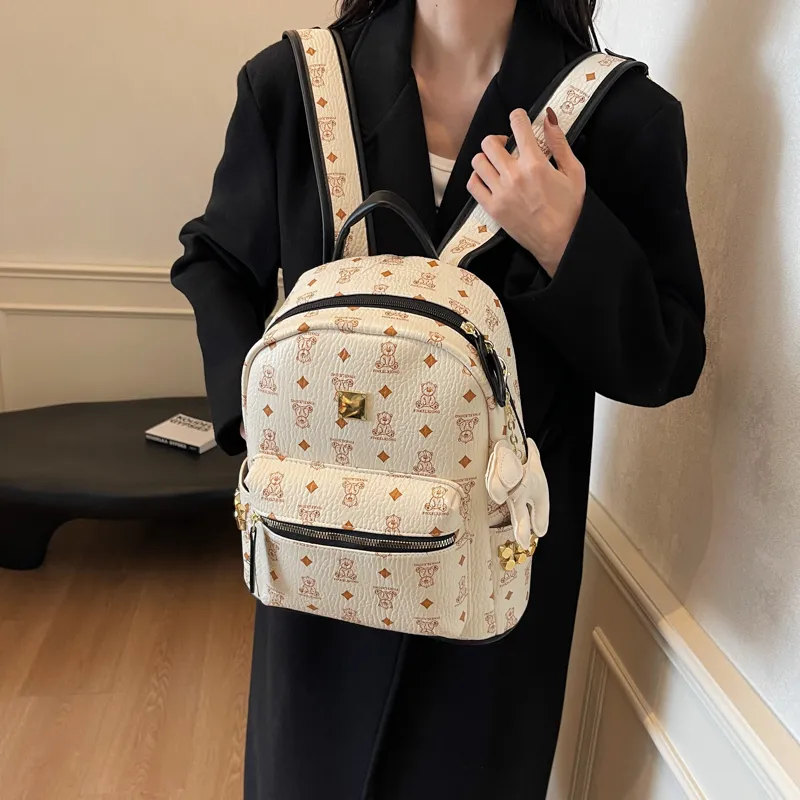 HCXK PU Backpack Women's Black/Ecru/Dark Brown/Pink-11