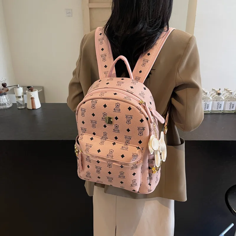 HCXK PU Backpack Women's Black/Ecru/Dark Brown/Pink-21