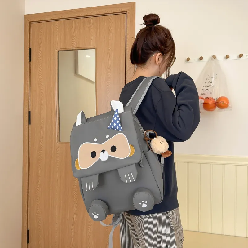 HCXK Nylon Cute Raccoon Backpack Unisex Black/Gray/Khaki-14