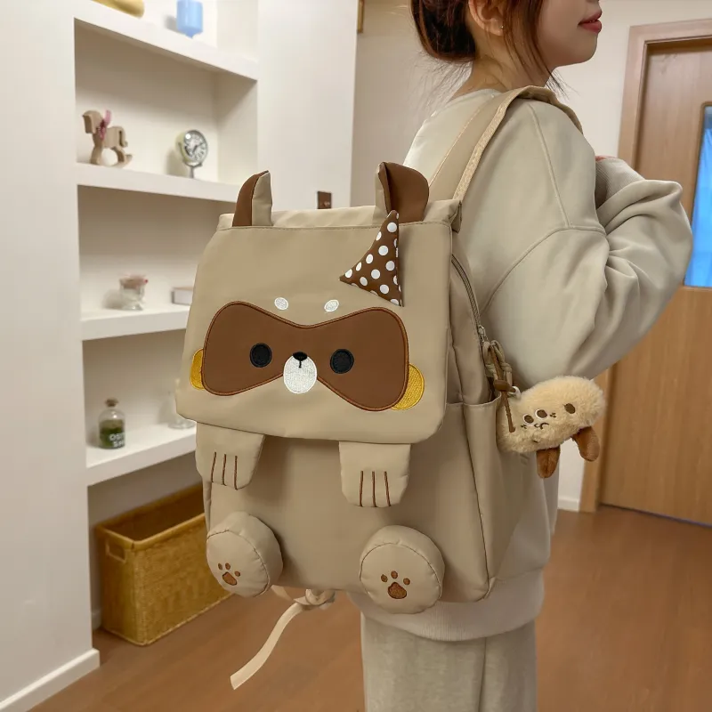 HCXK Nylon Cute Raccoon Backpack Unisex Black/Gray/Khaki-5