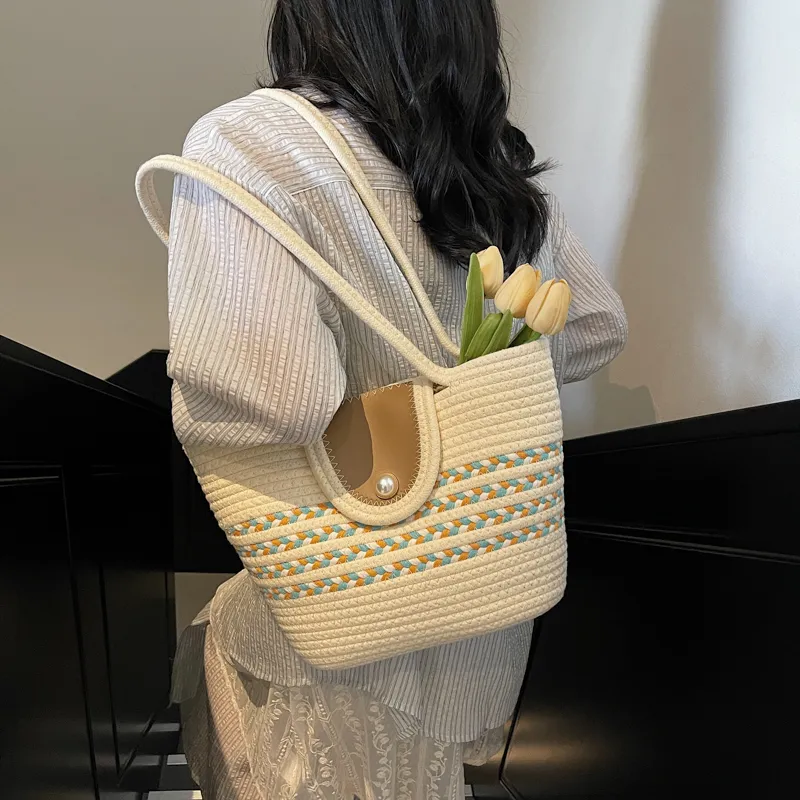 HCXK Braided Shoulder Bag Regular Women's Khaki/Black/White-10