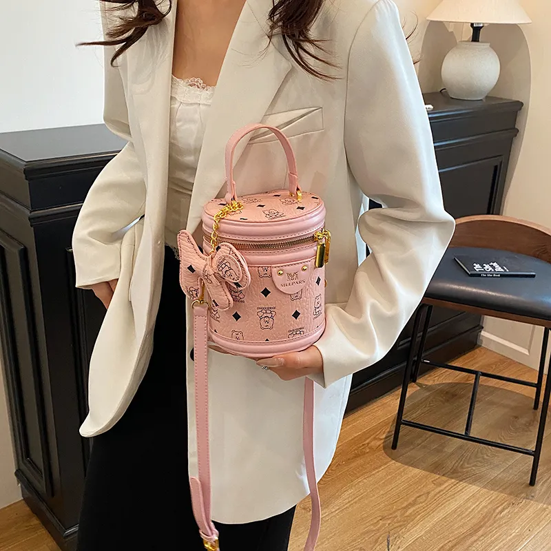 HCXK PU Bucket Bag, One Shoulder Handbag Women's Black/Pink/Yellow Brown/White & Black-8