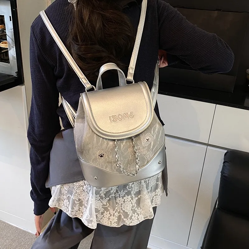 HCXK PU Backpack Regular Women's Silver/Blue/Pink/Brown-5