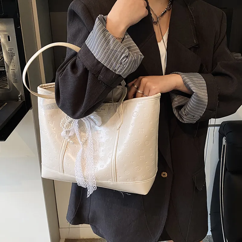 HCXK PU Tote Bag Shopping Bag Shoulder Bags Women's White/Black/Pink-4