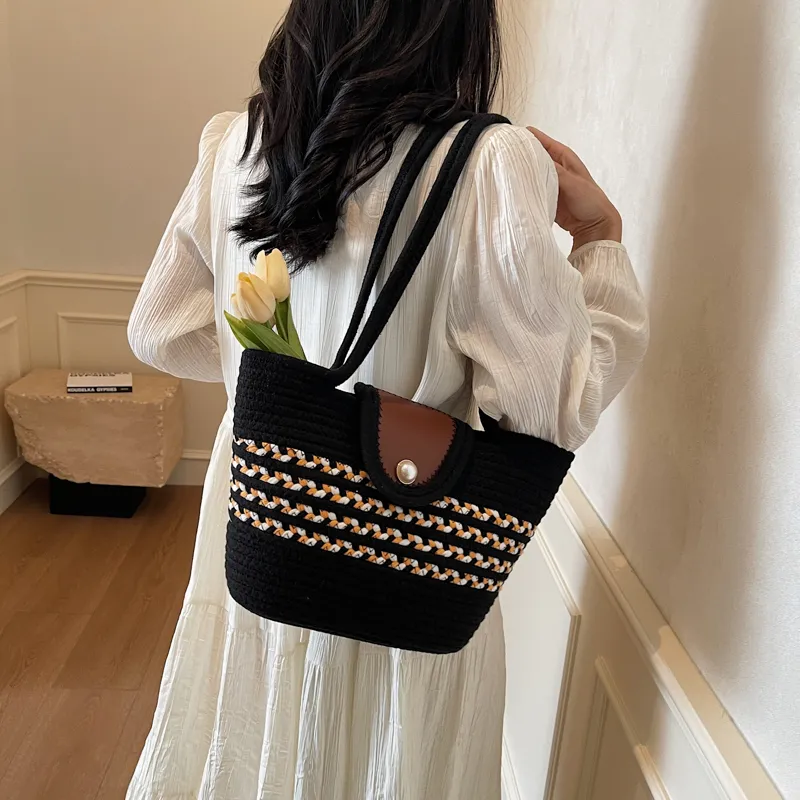 HCXK Braided Shoulder Bag Regular Women's Khaki/Black/White-6