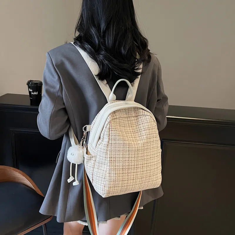 HCXK Fabric Students' Backpack For School, Cute Commute Small Backpack Regular Women's Ecru/Black-1