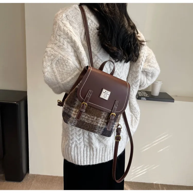 HCXK Woolen Backpack Regular Women's Red Plaid/Brown Plaid/Green Plaid-10