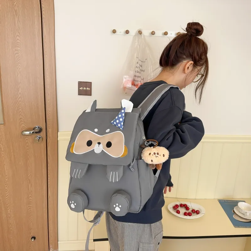 HCXK Nylon Cute Raccoon Backpack Unisex Black/Gray/Khaki-12