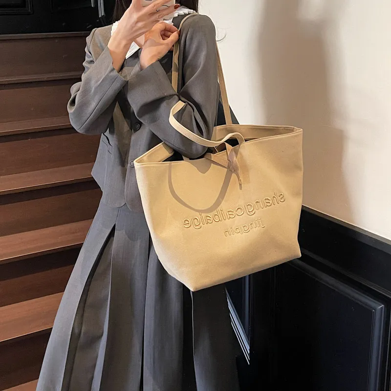 HCXK Canvas Bag Tote Underarm Shoulder Bag Women's Khaki/black/white/gray-4