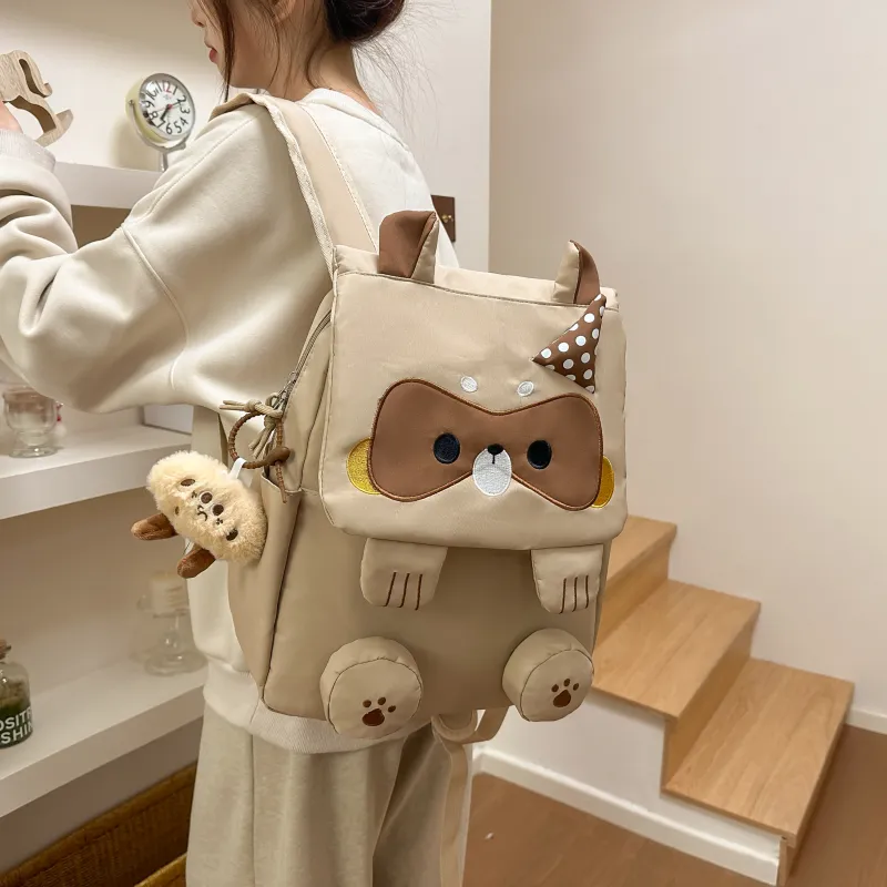 HCXK Nylon Cute Raccoon Backpack Unisex Black/Gray/Khaki-3
