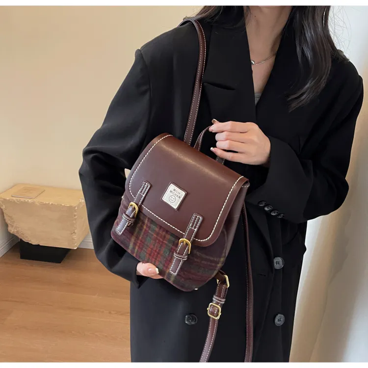 HCXK Woolen Backpack Regular Women's Red Plaid/Brown Plaid/Green Plaid-1