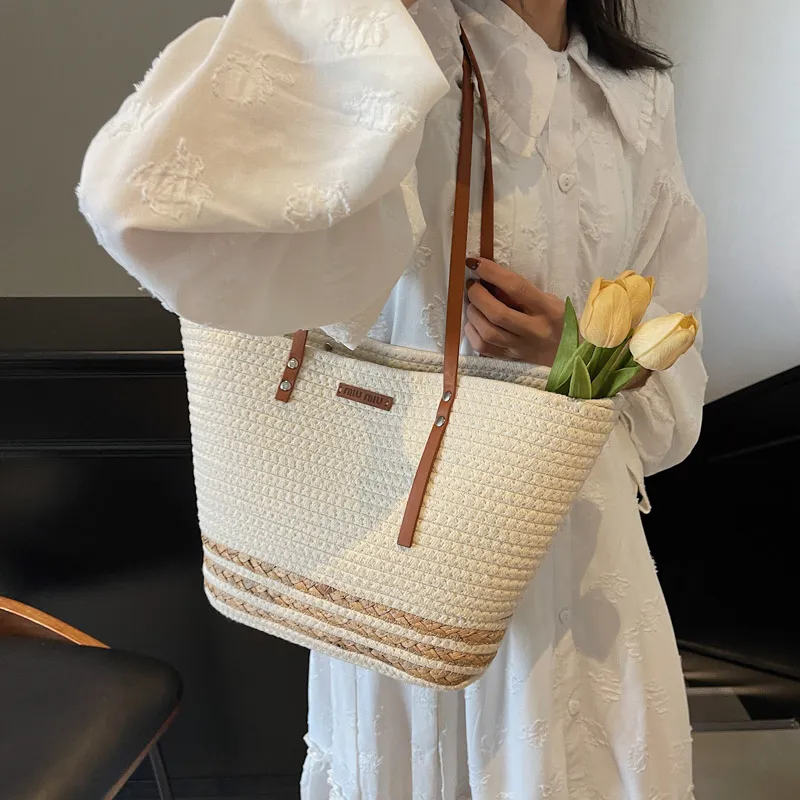 HCXK Straw Woven Tote Bag, Shopping Bag, Shoulder Bag Women's Ecru/Khaki-2