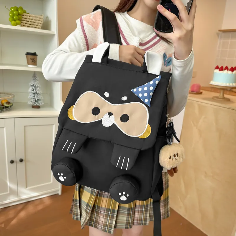 HCXK Nylon Cute Raccoon Backpack Unisex Black/Gray/Khaki-7