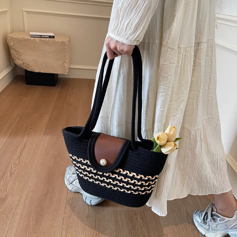 HCXK Braided Shoulder Bag Regular Women's Khaki/Black/White-7