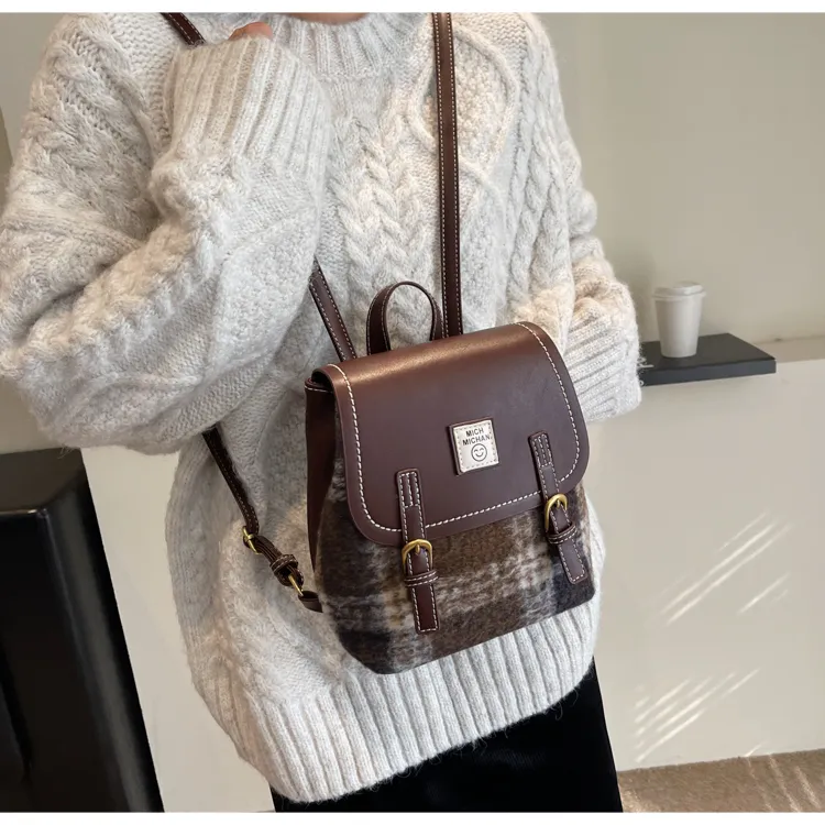 HCXK Woolen Backpack Regular Women's Red Plaid/Brown Plaid/Green Plaid-11