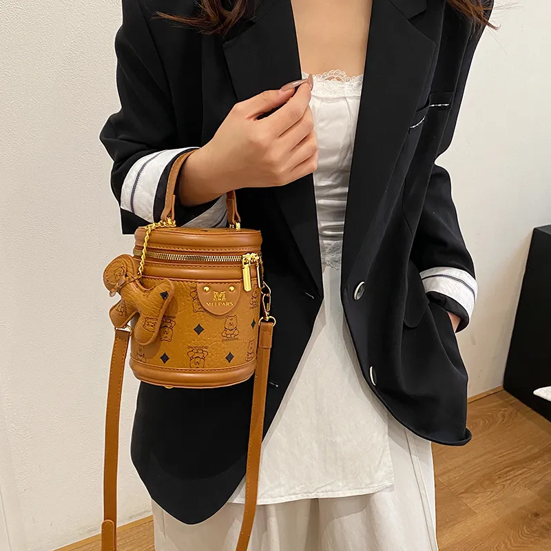 HCXK PU Bucket Bag, One Shoulder Handbag Women's Black/Pink/Yellow Brown/White & Black-13